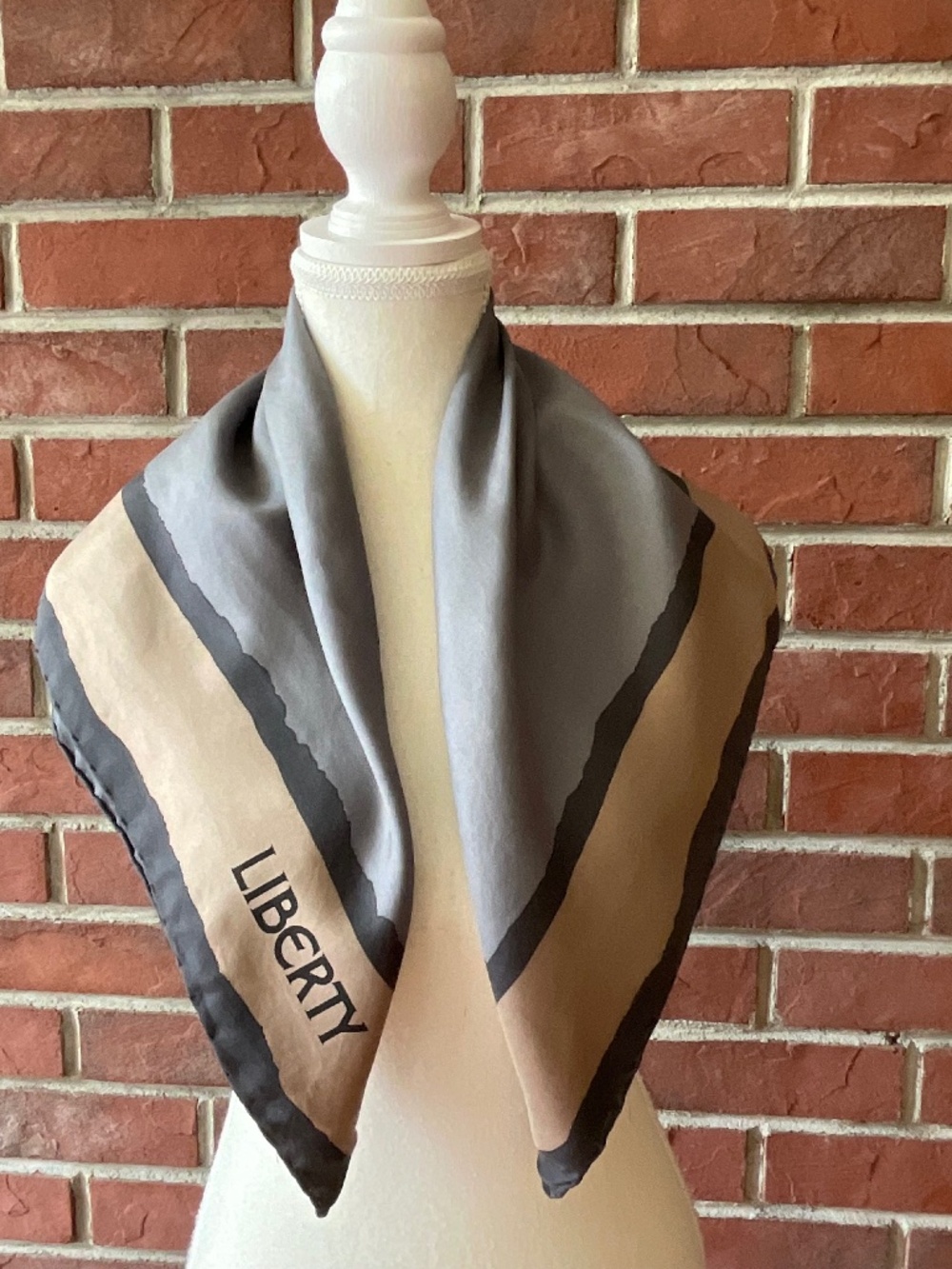 Liberty Of London Grey Beige Silk Handrolled Signed Scarf 26”x26”Made in England